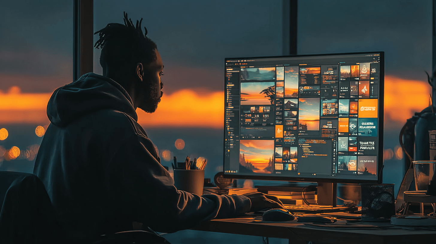 Professional using AI tools on multiple screens with floating skill badges